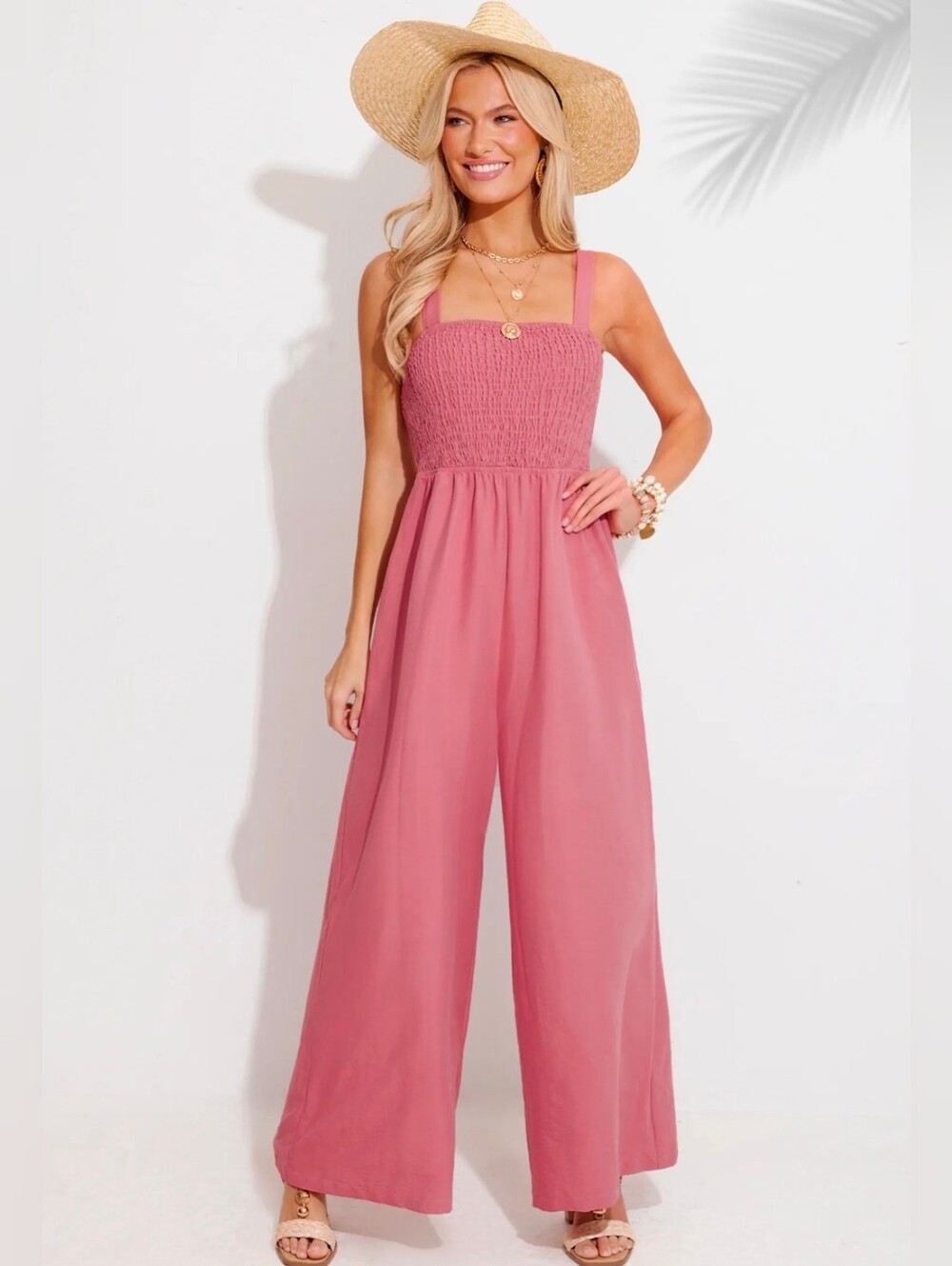 NWT Cupshe Smocked Square-Neck Wide-Leg Jumpsuit in Dusty Rose, Medium